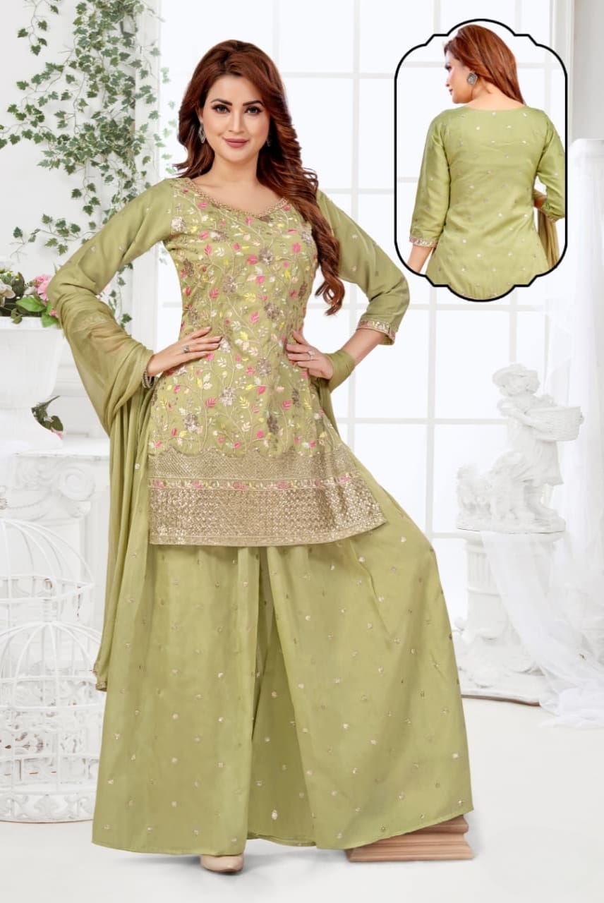 Shree Shanti Selection - Women's Olive Green Floral Embroidered Sharara Set